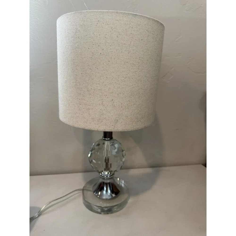 Faceted Crystal Orb Chrome Lucite Table Lamp Drum Shade Accent Bedside Light